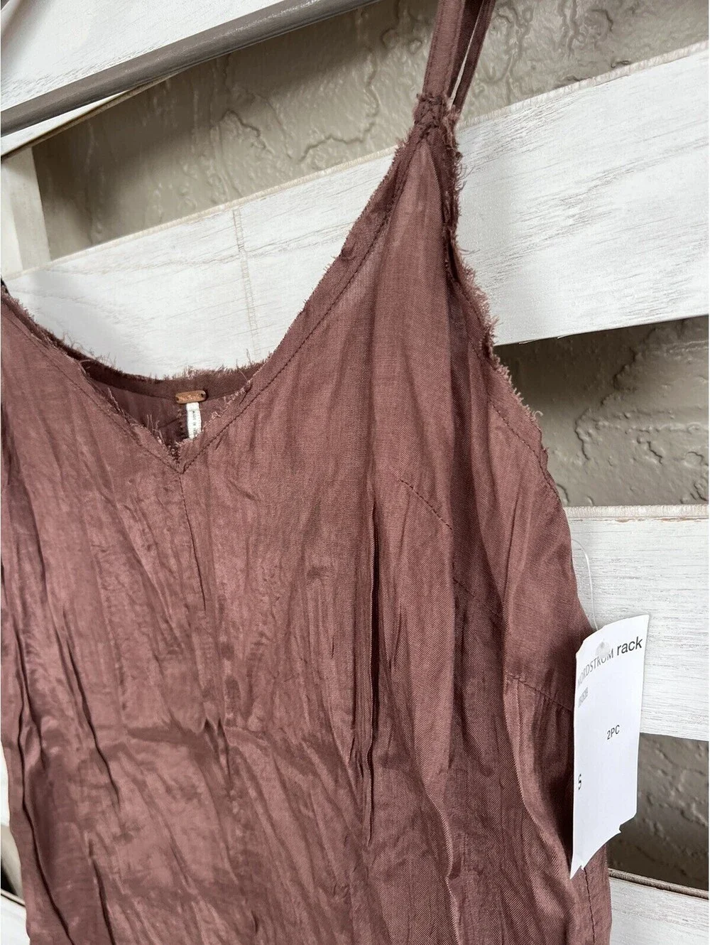 New Free People One Tank Top Small Crinkle Rayon Camisole Brown V Neck FP.